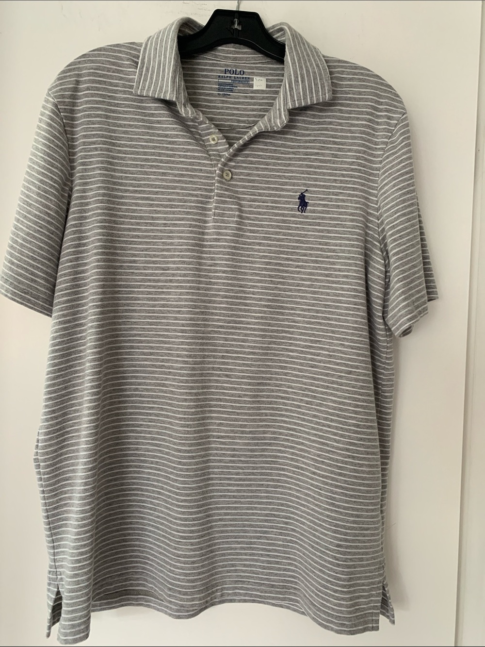 Polo by Ralph Lauren Light Gray and White Striped Cotton Polo with Navy Pony